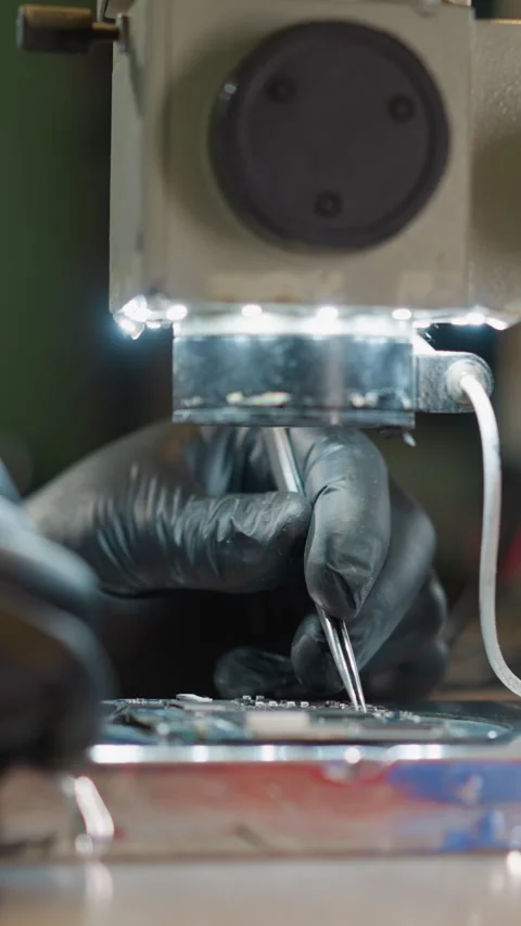 Technician's Hands in Black Gloves Working on Circuit Board Under Microscope Stock Footage 310489625