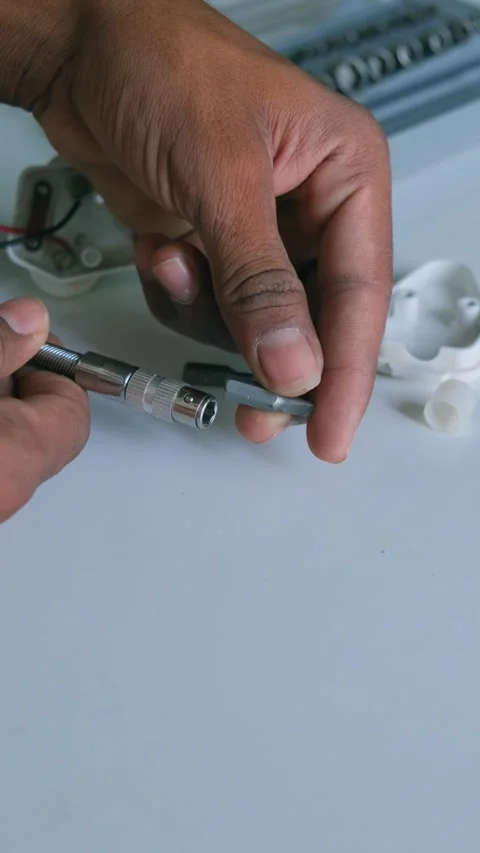 A technician's hands changing a screwdriver bit for electrical repair work Vidéo 332998393