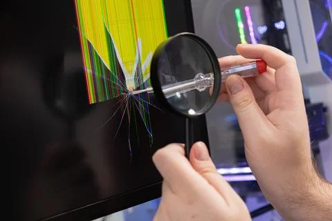 Technician's hands diagnosing a cracked computer monitor display with a mag.. 스톡 사진
