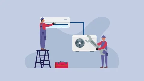 Technicians Installing Air Conditioning Unit - HVAC System Repair cartoon a.. Stock Footage 302530028