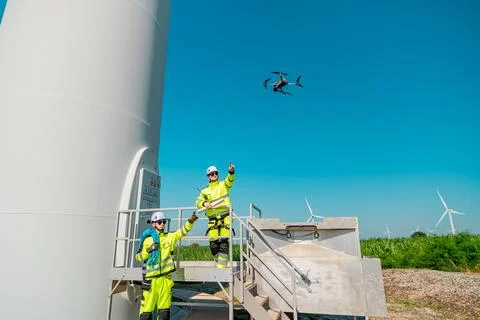 Technicians operating drone near wind turbine in bright blue sky during sun.. Stock Photos