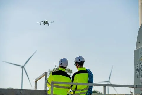 Technicians operating a drone for wind turbine inspection at a renewable en.. Stock Photos