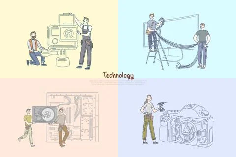Technicians repairing electronics, technical equipment repairman service cent 스톡 일러스트