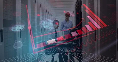 Technicians in server room analyzing data with digital graphs overlay イラスト素材