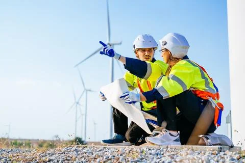 Technicians team with safety uniform working at wind turbine field Stock Photos