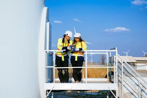 Technicians team with safety uniform working at wind turbine field Stock Photos