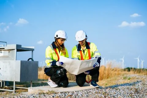 Technicians team with safety uniform working at wind turbine field Stock Photos