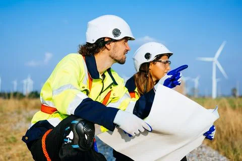Technicians team with safety uniform working at wind turbine field Stock Photos