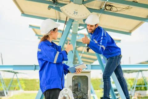 Technicians workers installing solar panels at solar cell farm Stock Photos