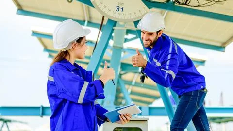 Technicians workers installing solar panels at solar cell farm Stock Photos