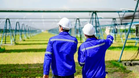Technicians workers installing solar panels at solar cell farm Stock Photos