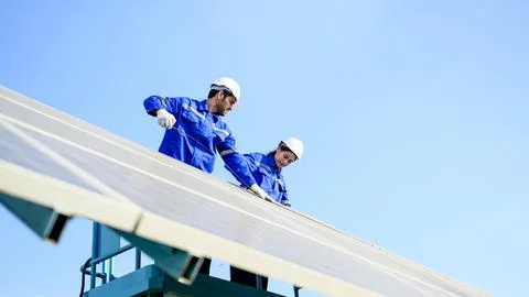 Technicians workers installing solar panels at solar cell farm 스톡 사진