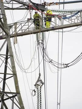 Technicians working to replace old insulators on a pylon in Barrow on Soar, L Foto stock