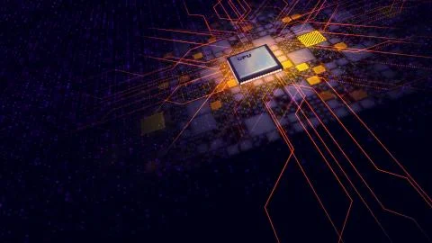 A techno 3d illustration of a CPU microprocessor put diagonally in the dark v Stock Illustration
