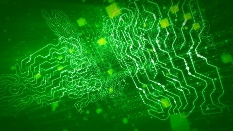 A techno 3d illustration of a modern circuit board placed aslant in the green Stock Illustration