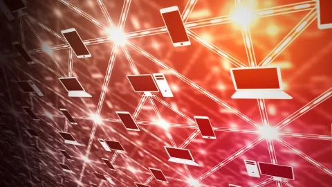 A techno 3d illustration of red and orange computer network from screens and  Stock Illustration
