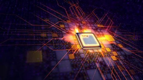 A techno 3d rendering of a CPU microprocessor put diagonally in the dark viol Stock Illustration