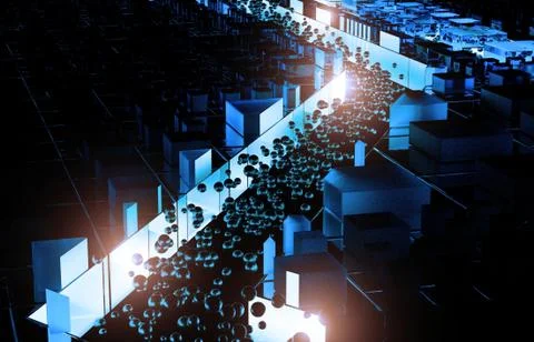 Techno background. Dark balls roll down the glass corridor. 3D rendering. Stock Illustration