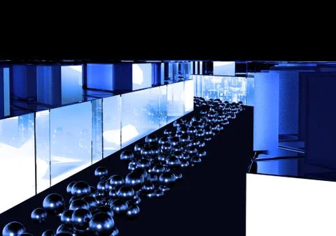 Techno background. Dark balls roll down the glass corridor. 3D rendering. Stock Illustration