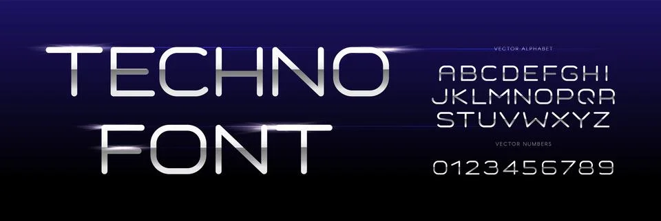 Techno font, geometric thin simple letters and numbers set with chrome texture Stock Illustration