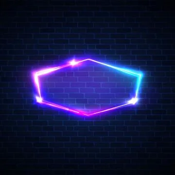 Techno glow neon frame on dark brick texture wall. Stock Illustration