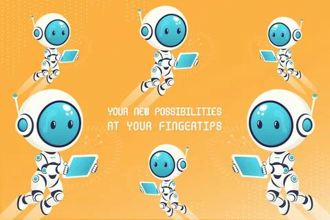 Techno poster design with cute smart robot flat vector illustration Stock Illustration