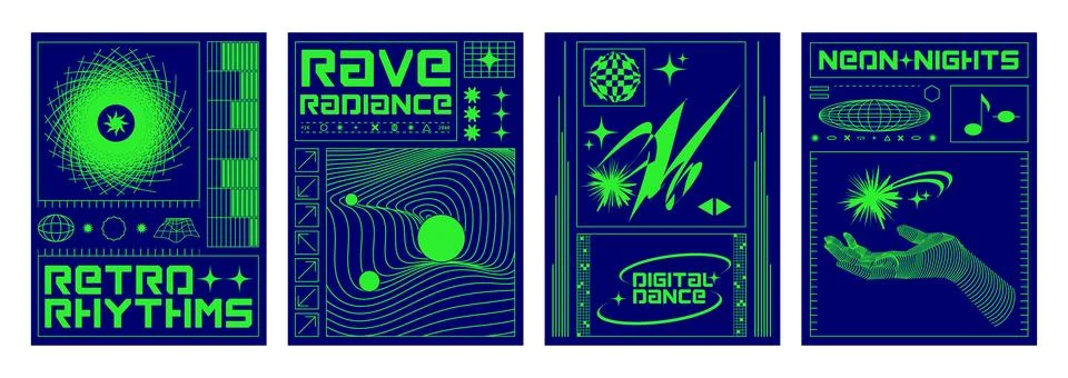 Techno poster design template in y2k style 스톡 일러스트