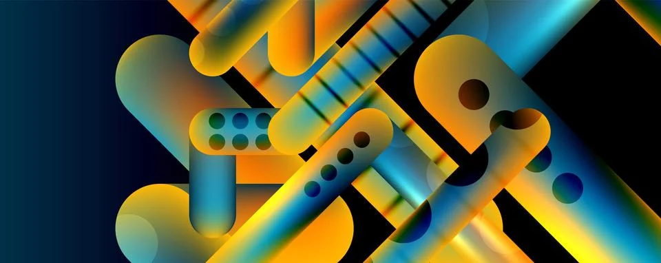 Techno round shapes, lines abstract background with glossy elements. Vector Ilustração Stock