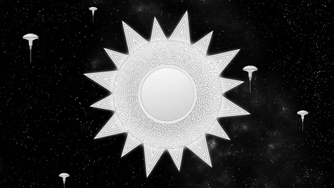 Techno sci-fi sun space station rotates on stars background 3d animation Stock Footage 99733727