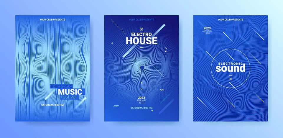 Techno Sound Flyer Set. Electro Dance Poster. Party Music Cover. Stock Illustration