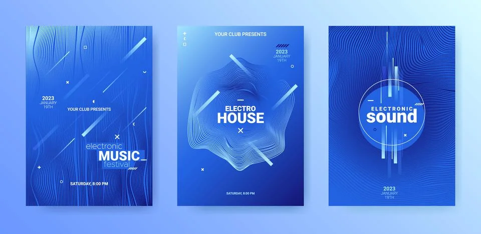 Techno Sound Flyer Set. Electro Music Poster. Party Dance Cover. Stock Illustration