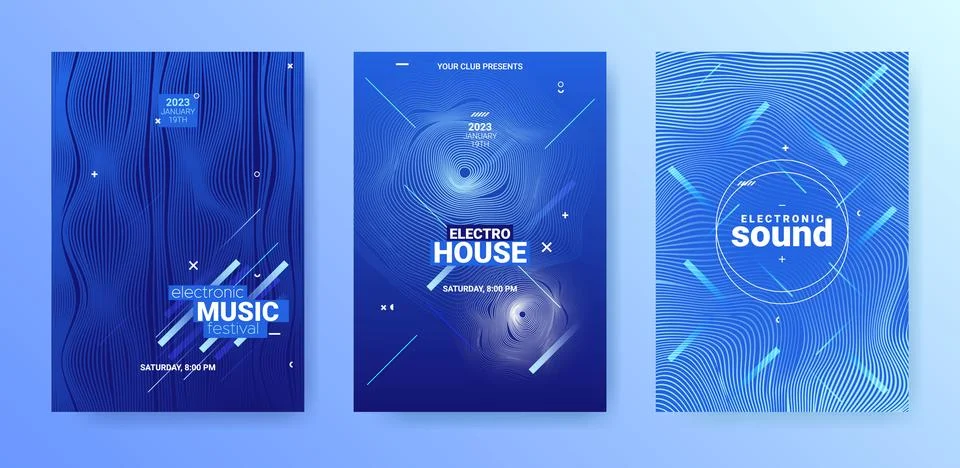 Techno Sound Flyer Set. Electro Dance Poster. Music Party Cover. Stock Illustration