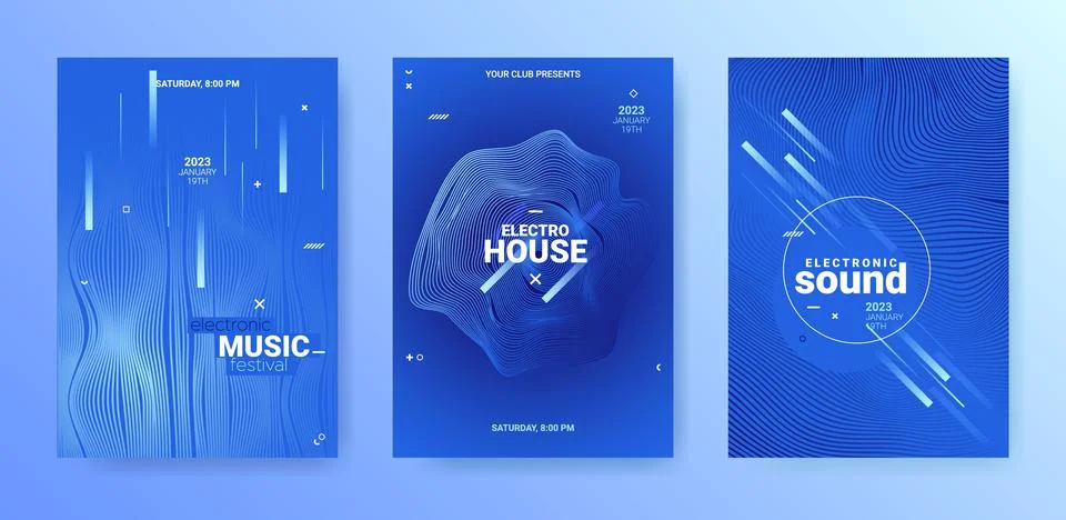 Techno Sound Flyer Set. Electronic Dance Cover. Party Music Poster. Stock Illustration