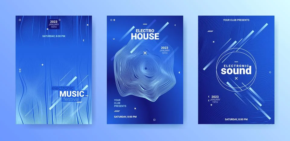 Techno Sound Flyer Set. Electronic Dance Poster. Party Music Cover. Stock Illustration