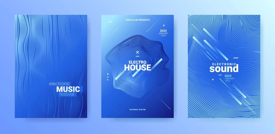 Techno Sound Flyer Set. Electronic Music Cover. Dance Party Poster. Stock Illustration