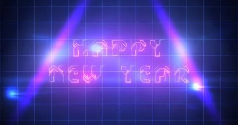 Techno style corporate structure wishing HAPPY NEW YEAR neon bg. Light shim.. Stock Illustration