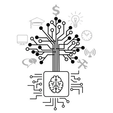 Techno tree grow on brain cpu computer chip 스톡 일러스트