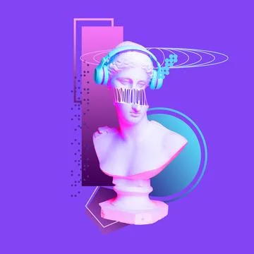 Techno vibe. Antique statue bust with headphones against purple background Stock Photos