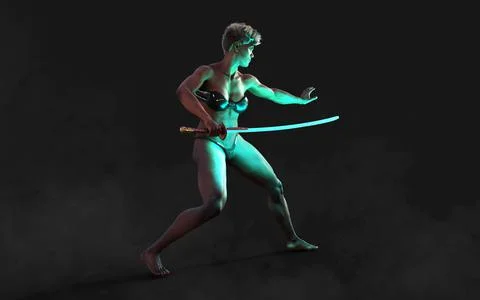 Techno Warrior with A Samurai Sword Illustrazione stock