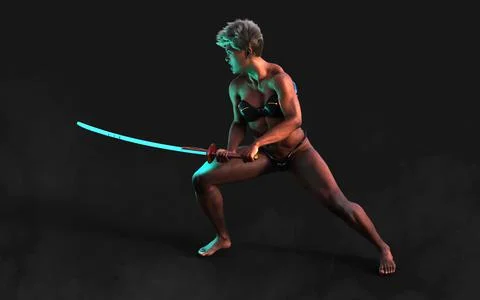 Techno Warrior with A Samurai Sword Illustrazione stock