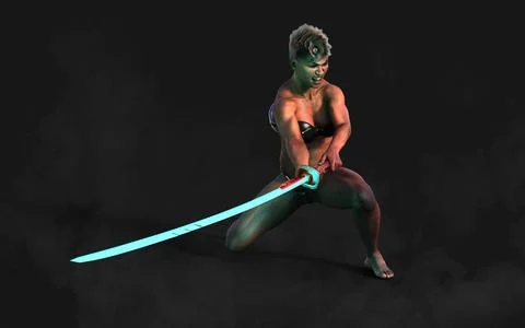 Techno Warrior with A Samurai Sword Illustrazione stock