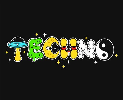 Techno word,trippy psychedelic style letters.Vector hand drawn doodle cartoon Stock Illustration