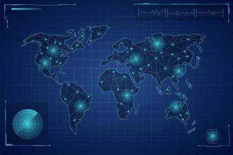 Techno world map. Digital continents with rays meredians and ocean grid Stock Illustration