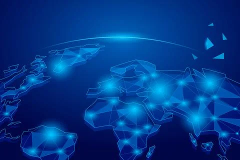 Techno world planet. Blue polygonal continents with digitally rays and ocean Stock Illustration
