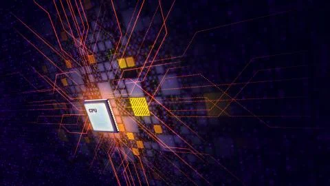 A technological 3d illustration of a square CPU microprocessor composing a po Stock Illustration