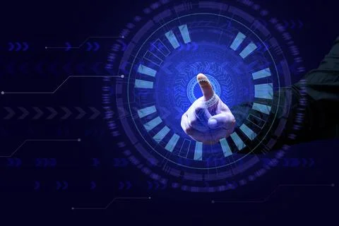 Technological abstract background with pie charts and male hand on a dark blu Foto stock