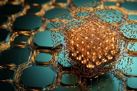 Technological abstraction in steampunk style. Blockchain technology. The co.. 库存插图