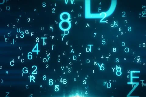 Technological background with flying letters and figures 3d illustration Stock Illustration