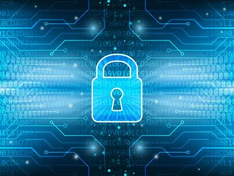 Technological board and lock on global security service abstract dark blue ve Illustrazione stock