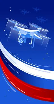 Technological breakthrough of Russia card. Drones in the sky with flag of Russia Stock Illustration